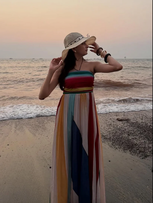 Robe longue attirante, pour femme avec dos nu couleur d arc en ciel